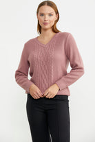 V Yaka Motifli Yünlü Triko Kazak - Gül - Sementa