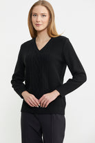 V Yaka Motifli Yünlü Triko Kazak - Siyah - Sementa