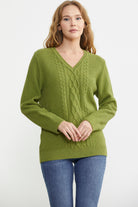 V Yaka Motifli Yünlü Triko Kazak - Yeşil - Sementa