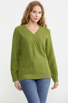 V Yaka Motifli Yünlü Triko Kazak - Yeşil - Sementa