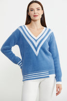 V Yaka Renk Kombinli Triko Kazak - Mavi - Sementa