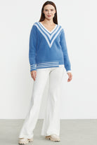 V Yaka Renk Kombinli Triko Kazak - Mavi - Sementa