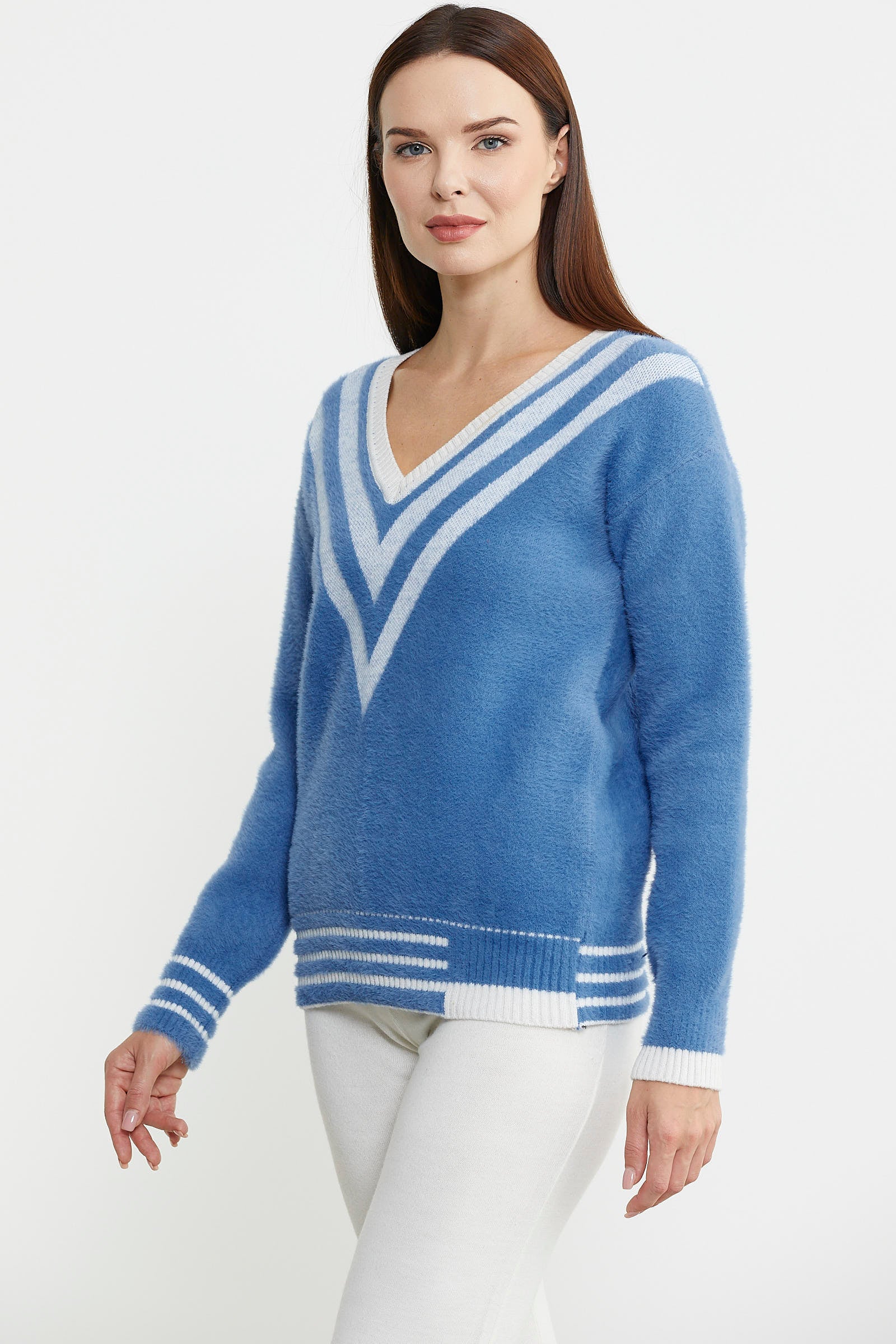 V Yaka Renk Kombinli Triko Kazak - Mavi - Sementa