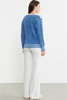 V Yaka Renk Kombinli Triko Kazak - Mavi - Sementa