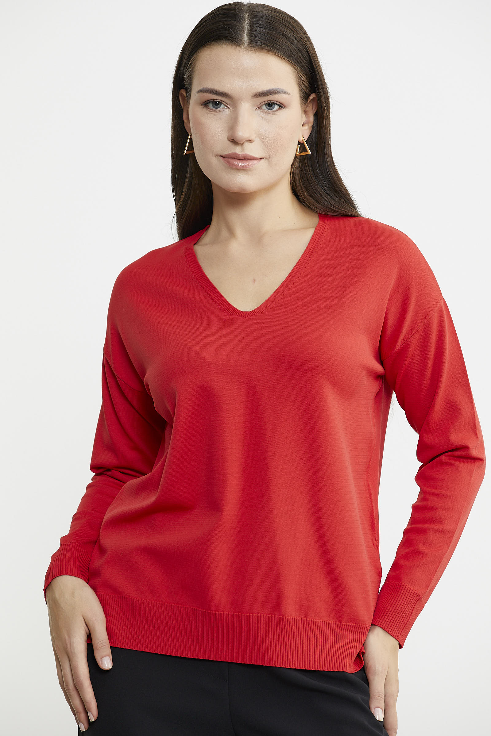 V Yaka Triko Dökümlü Kazak - Kırmızı - Sementa