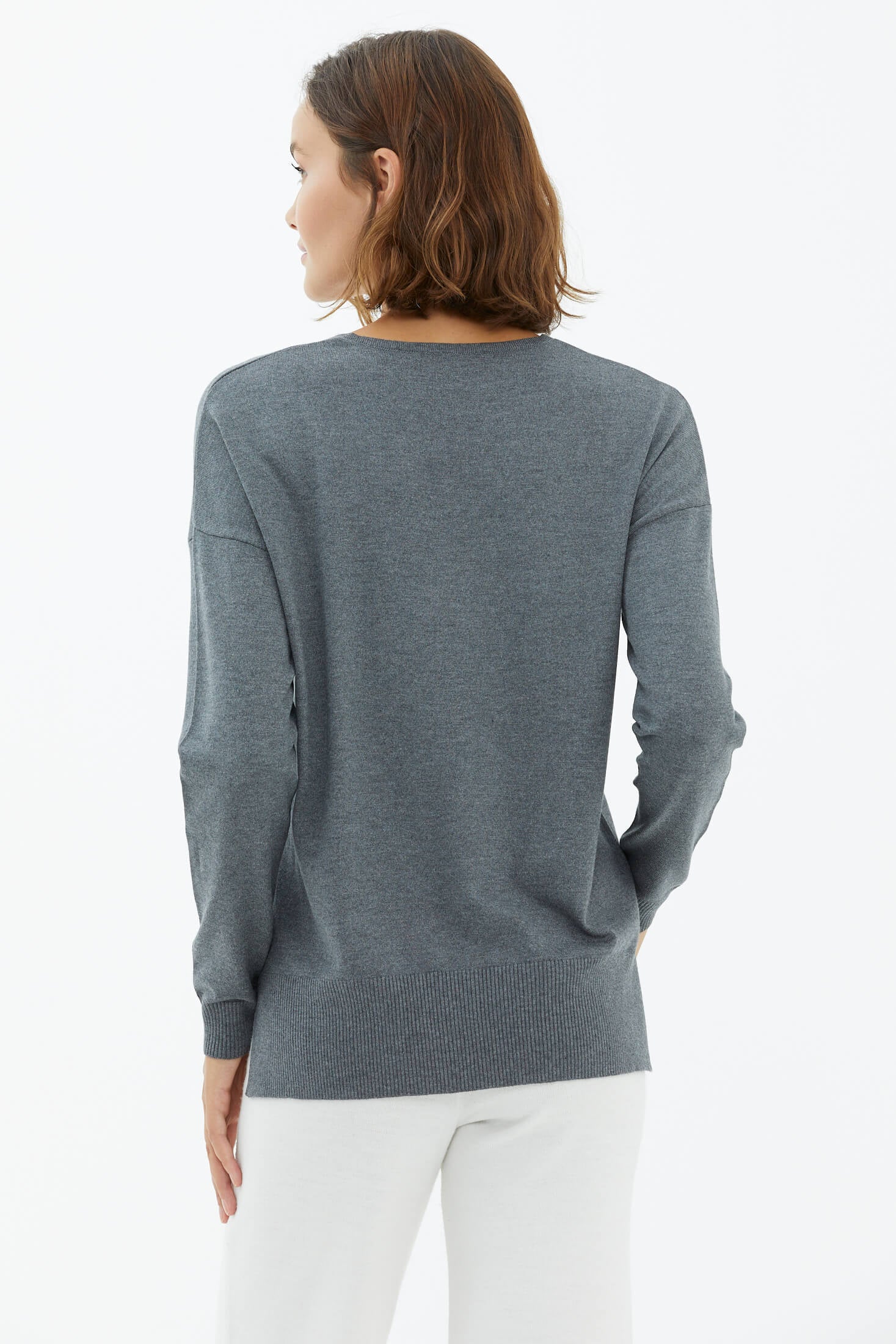 V Yaka Triko Dökümlü Kazak - Koyu Gri (4) Sementa