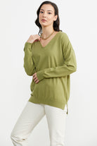 V Yaka Triko Dökümlü Kazak - Yeşil (4) Sementa