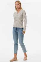 V Yaka Yaprak Desenli Triko Kazak - Açık Bej (4) Sementa