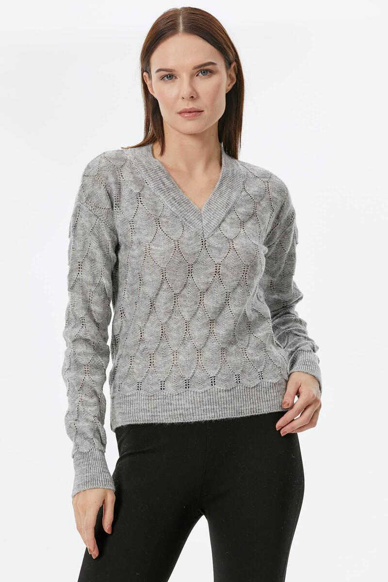 V Yaka Yaprak Desenli Triko Kazak - Açık Gri (3) Sementa