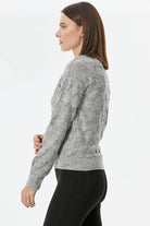 V Yaka Yaprak Desenli Triko Kazak - Açık Gri (5) Sementa