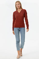 V Yaka Yaprak Desenli Triko Kazak - Koyu Kiremit (1) Sementa