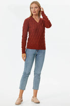 V Yaka Yaprak Desenli Triko Kazak - Koyu Kiremit (2) Sementa