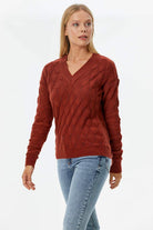 V Yaka Yaprak Desenli Triko Kazak - Koyu Kiremit (3) Sementa