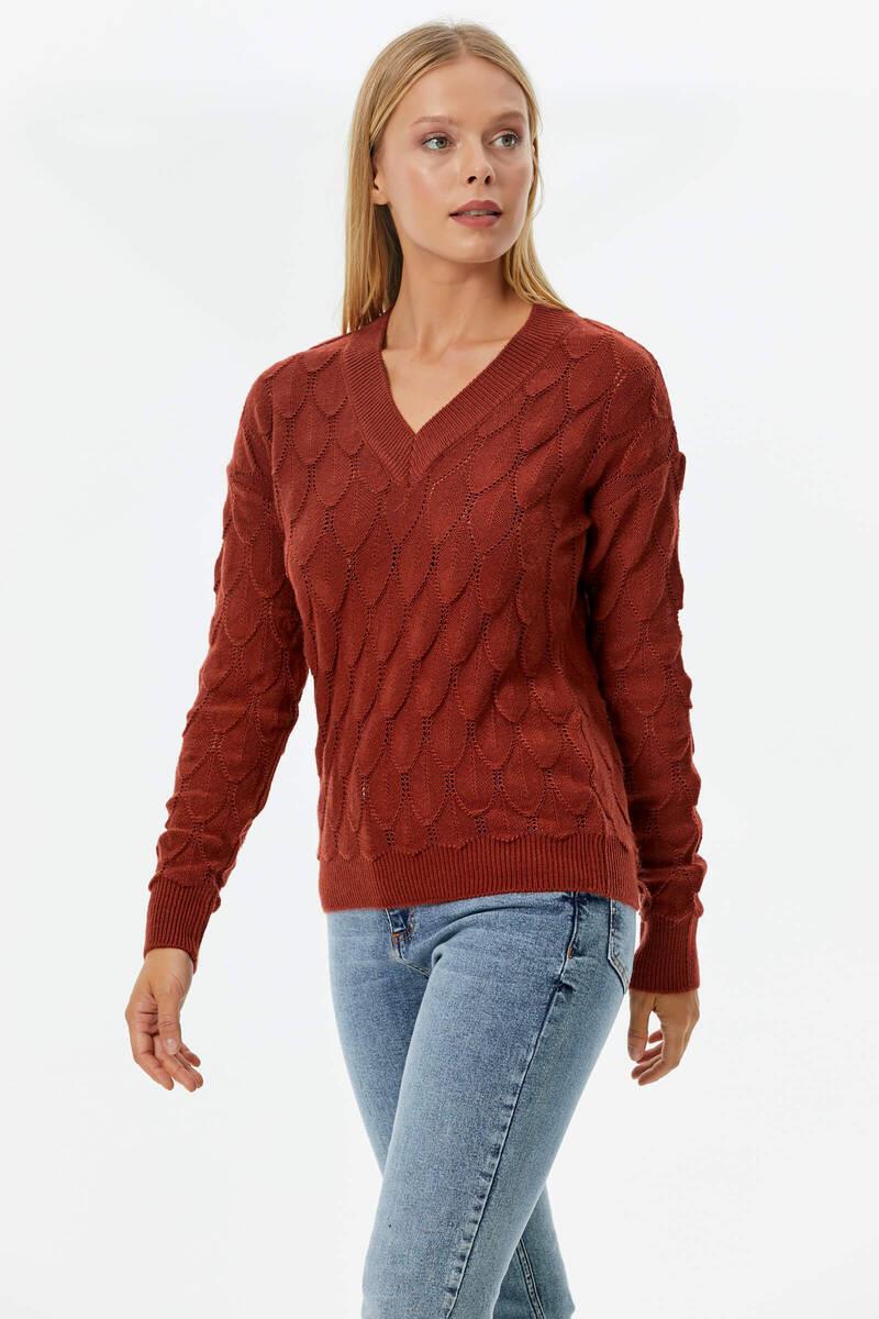 V Yaka Yaprak Desenli Triko Kazak - Koyu Kiremit (3) Sementa