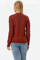 V Yaka Yaprak Desenli Triko Kazak - Koyu Kiremit (4) Sementa