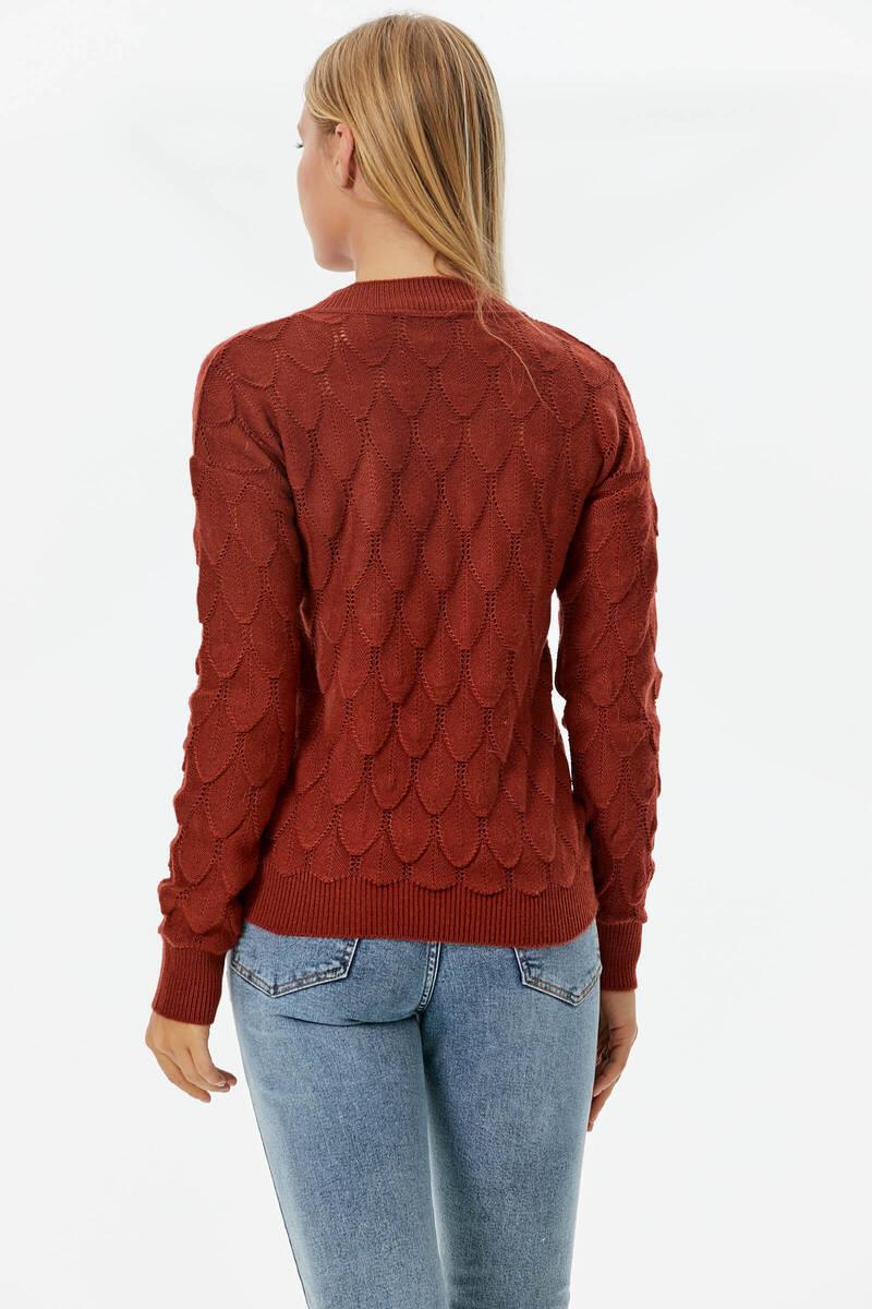 V Yaka Yaprak Desenli Triko Kazak - Koyu Kiremit (4) Sementa