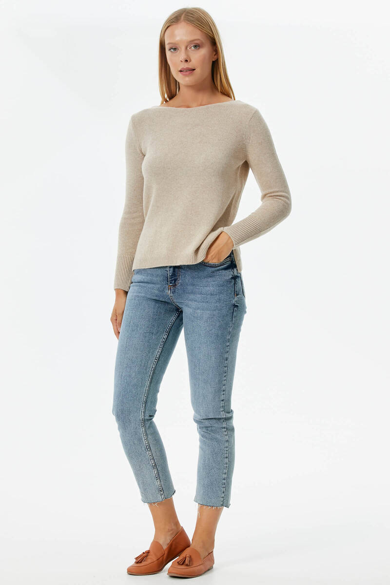 Kayık Yaka Sim Detaylı Triko Kazak - Bej (3) Sementa