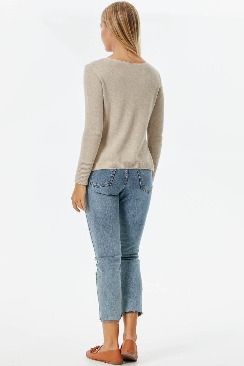 Kayık Yaka Sim Detaylı Triko Kazak - Bej (5) Sementa