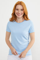 Yakası Biyeli Çizgili Penye Tişört - Mavi (1) Sementa