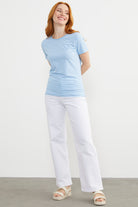 Yakası Biyeli Çizgili Penye Tişört - Mavi (2) Sementa