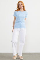 Yakası Biyeli Çizgili Penye Tişört - Mavi (4) Sementa