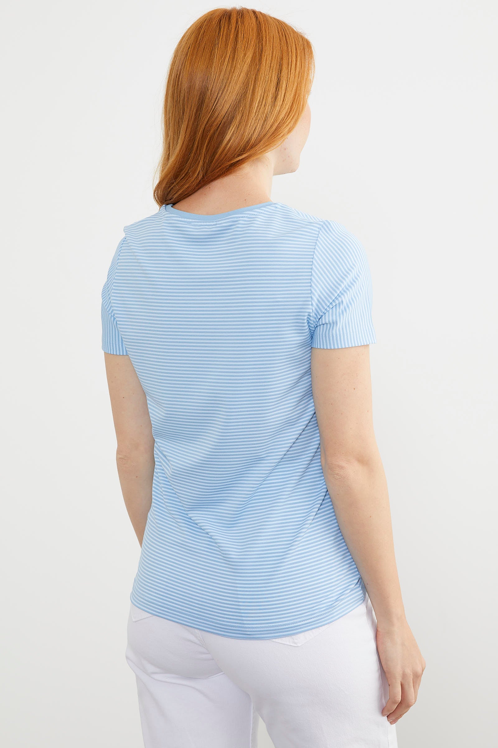 Yakası Biyeli Çizgili Penye Tişört - Mavi (6) Sementa