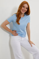 Yakası Biyeli Çizgili Penye Tişört - Mavi (3) Sementa