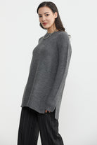 Yanları Yırtmaçlı Uzun Triko Kazak - Füme (4) Sementa