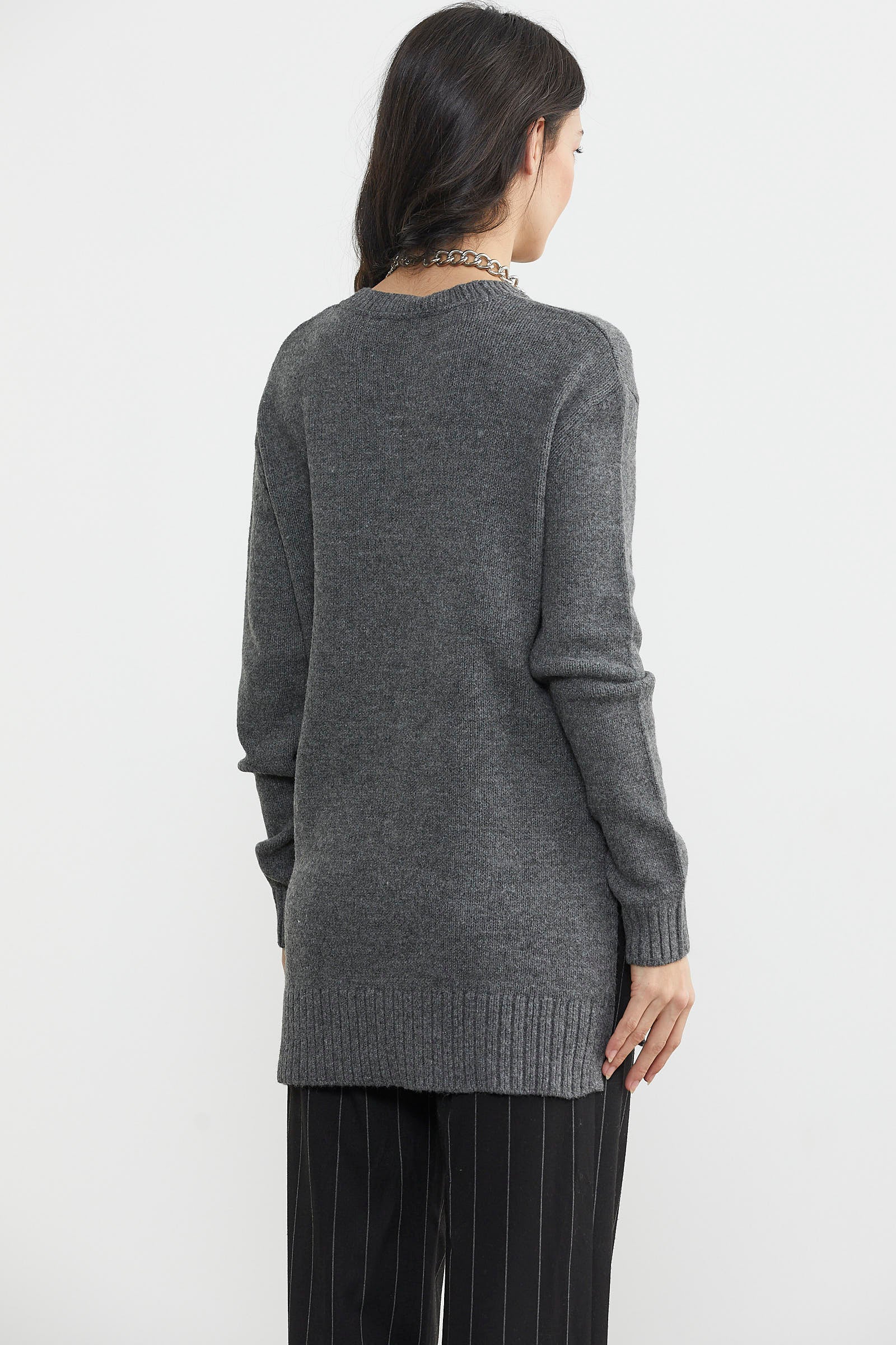 Yanları Yırtmaçlı Uzun Triko Kazak - Füme (5) Sementa