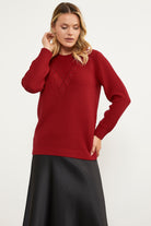 Yaprak Motif Petek Örgü Triko Kazak - Kırmızı (2) Sementa