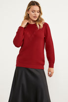 Yaprak Motif Petek Örgü Triko Kazak - Kırmızı (4) Sementa