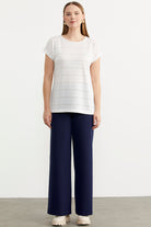 Yarasa Kol Çizgi Geçişli Tişört - Ekru (4) Sementa