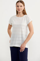 Yarasa Kol Çizgi Geçişli Tişört - Ekru (3) Sementa