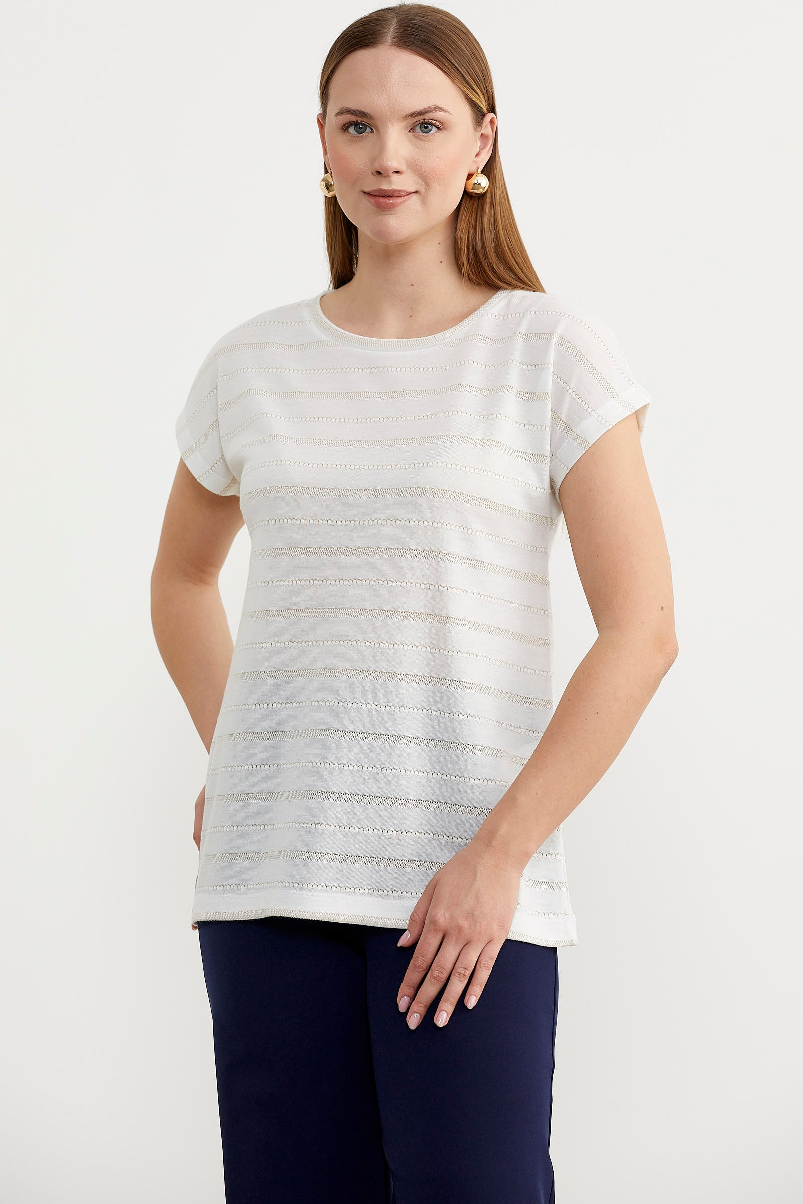 Yarasa Kol Çizgi Geçişli Tişört - Ekru (3) Sementa