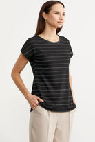 Yarasa Kol Çizgi Geçişli Tişört - Siyah (4) Sementa