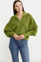 Yarasa Kol Polo Yaka Yünlü Triko Kazak - Yeşil - Sementa