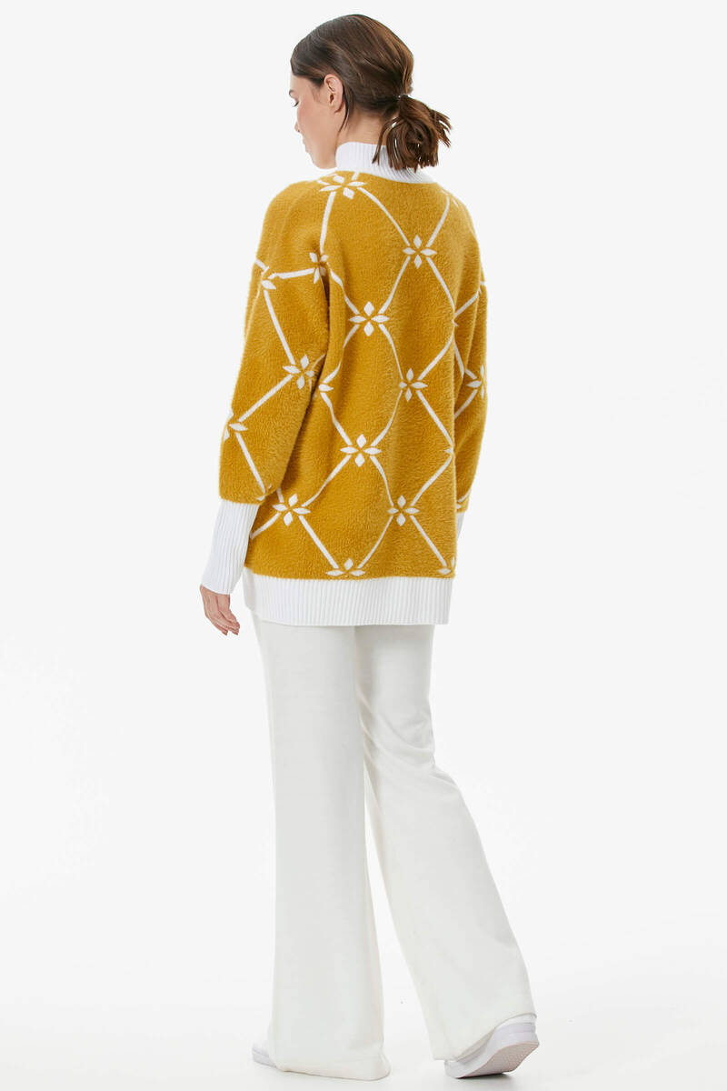 Yarım Balıkçı Baklava Desen Triko Kazak - Beyaz - Hardal (5) Sementa