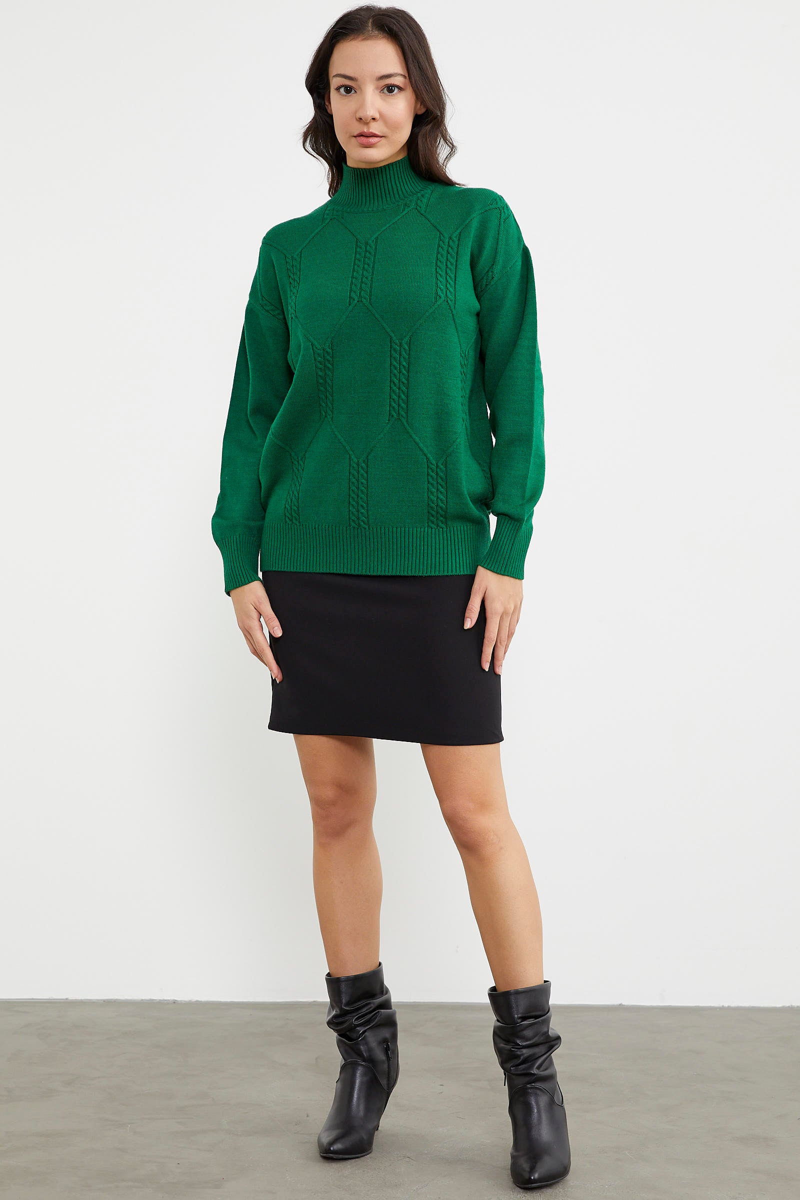 Yarım Balıkçı Desenli Basic Triko Kazak - Koyu Yeşil (3) Sementa