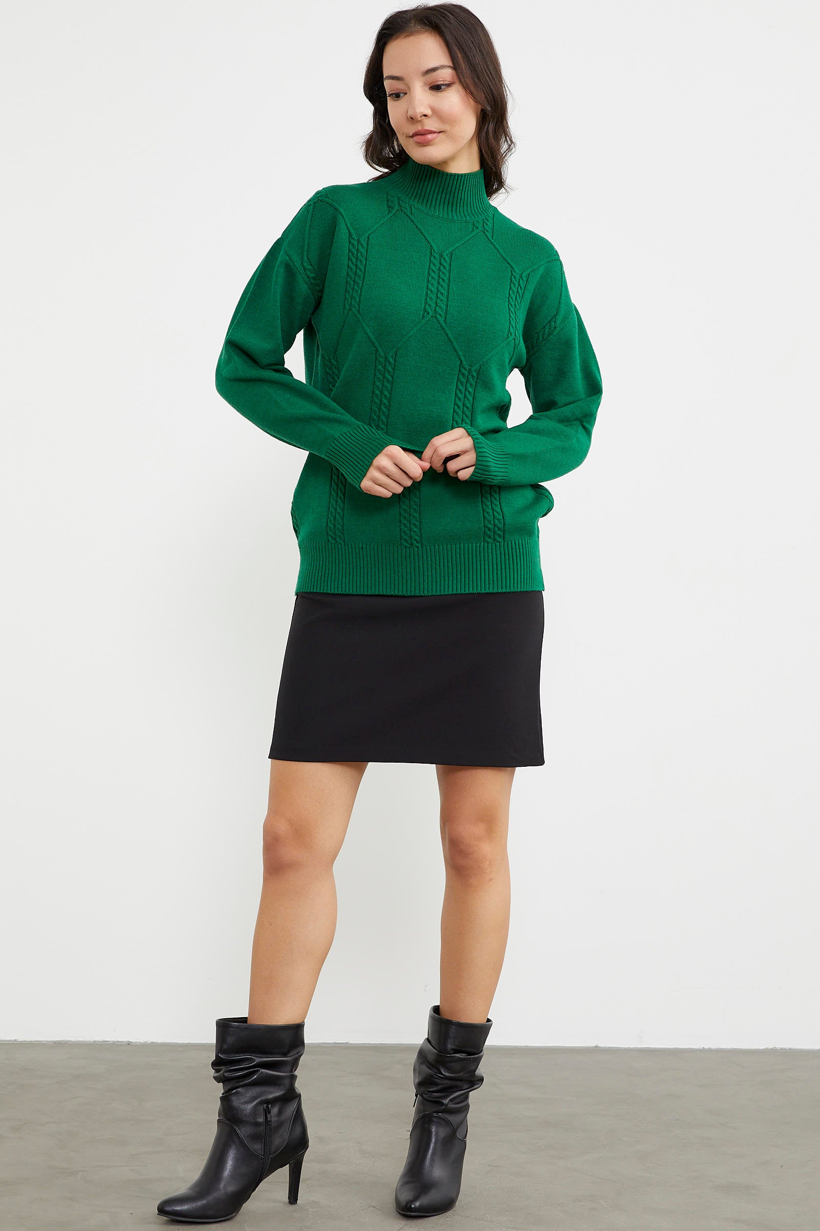 Yarım Balıkçı Desenli Basic Triko Kazak - Koyu Yeşil (4) Sementa