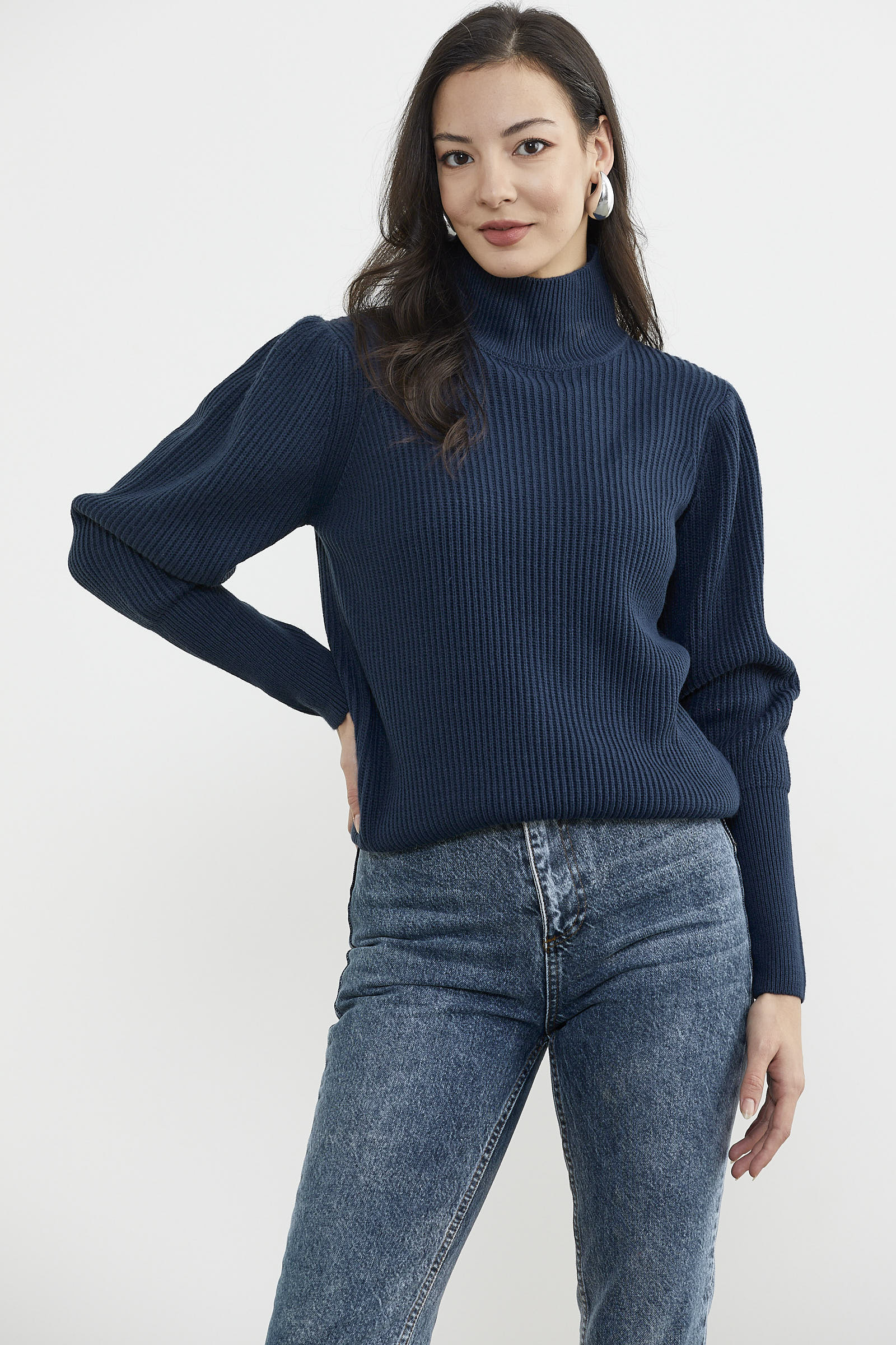 Yarım Balıkçı Kol Detaylı Triko Kazak - Lacivert (3) Sementa