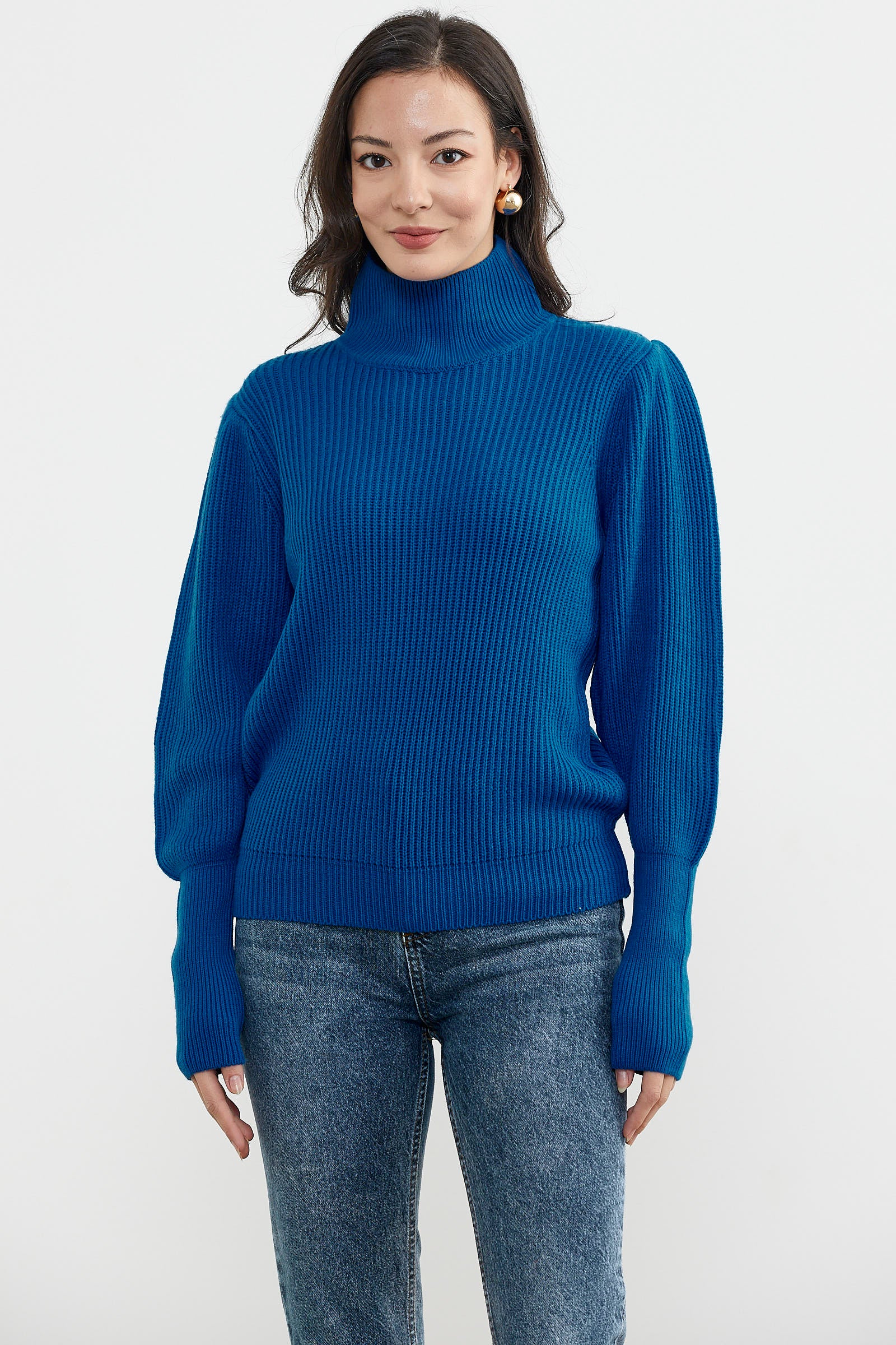 Yarım Balıkçı Kol Detaylı Triko Kazak - Saks (2) Sementa