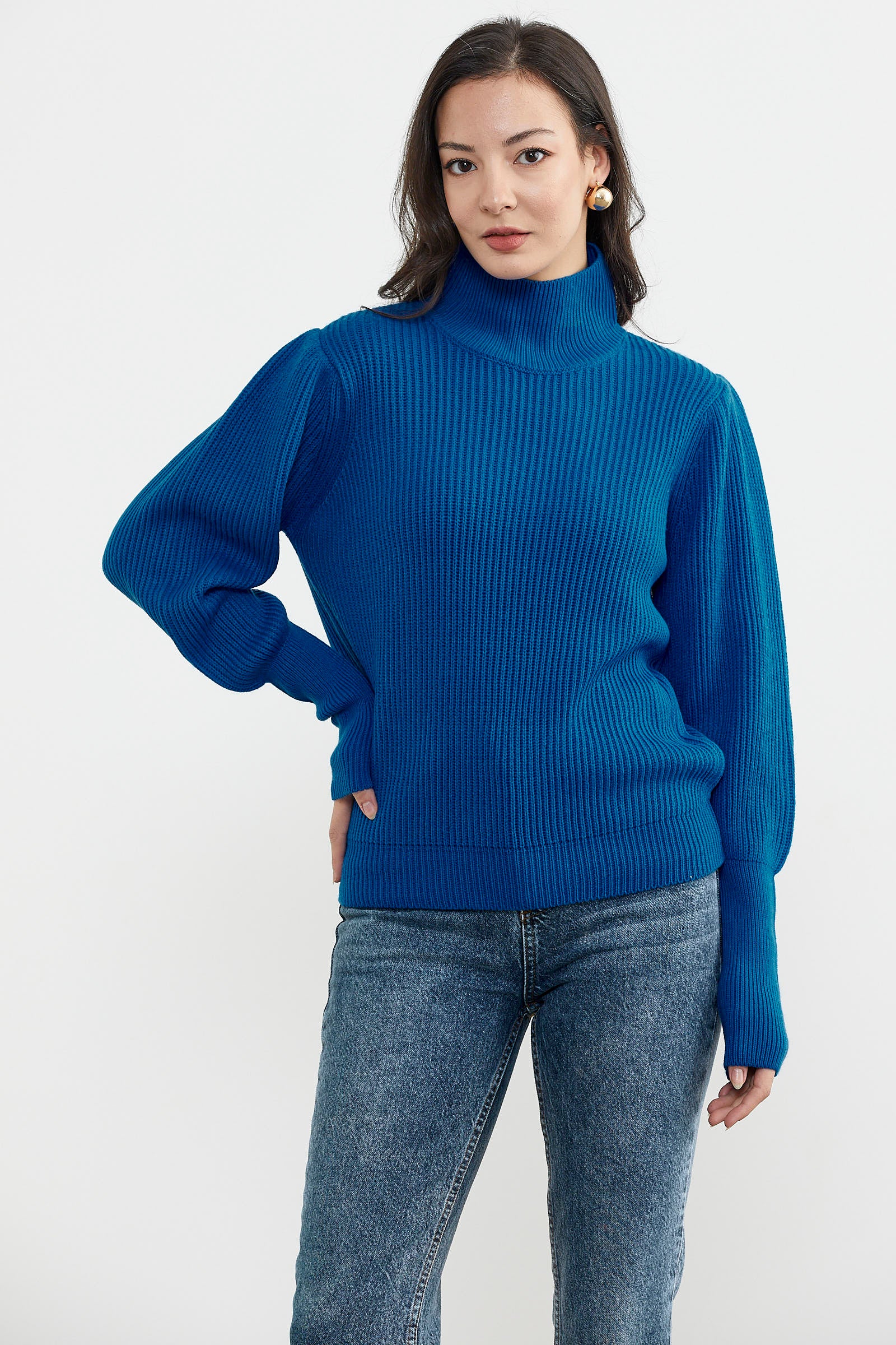 Yarım Balıkçı Kol Detaylı Triko Kazak - Saks (3) Sementa