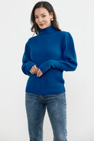 Yarım Balıkçı Kol Detaylı Triko Kazak - Saks (4) Sementa