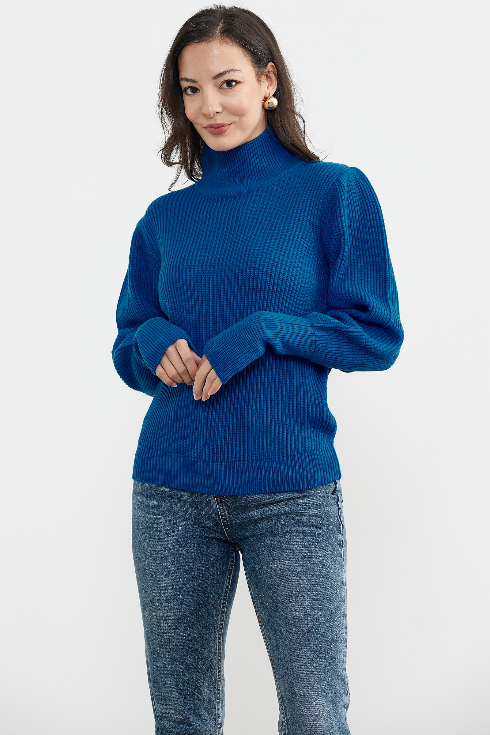 Yarım Balıkçı Kol Detaylı Triko Kazak - Saks (4) Sementa