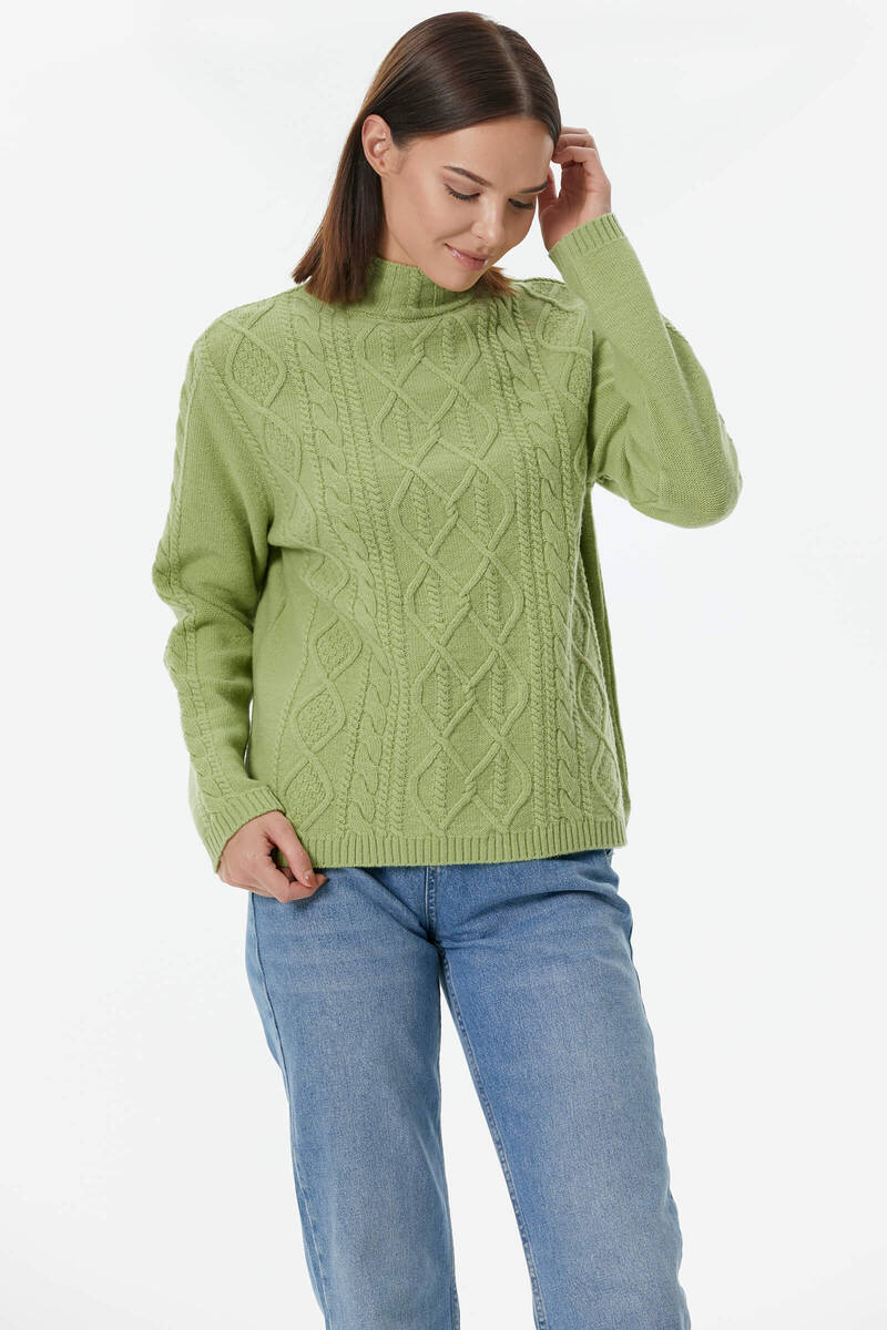 Yarım Balıkçı Saç Örgülü Triko Kazak - Fıstık Yeşili (3) Sementa