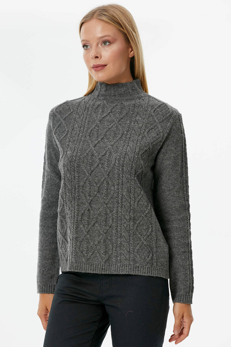 Yarım Balıkçı Saç Örgülü Triko Kazak - Koyu Gri (3) Sementa