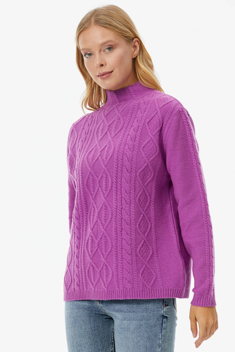 Yarım Balıkçı Saç Örgülü Triko Kazak - Lila (4) Sementa