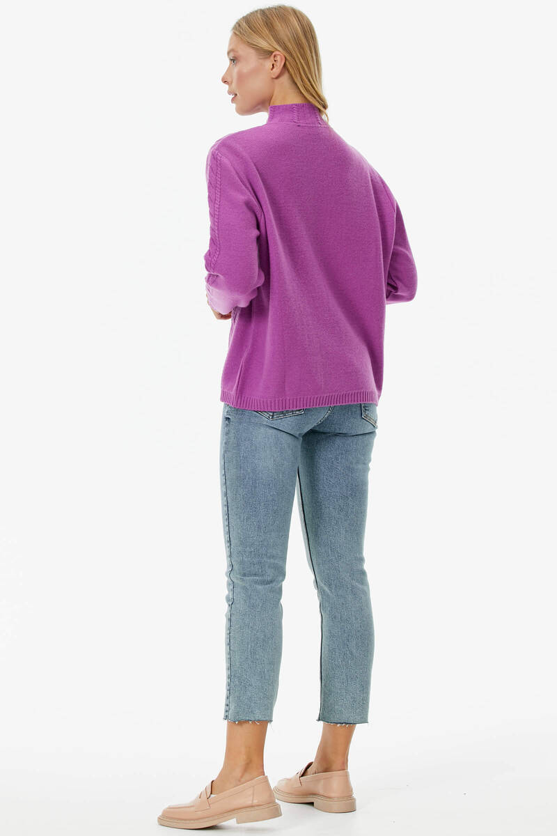 Yarım Balıkçı Saç Örgülü Triko Kazak - Lila (5) Sementa