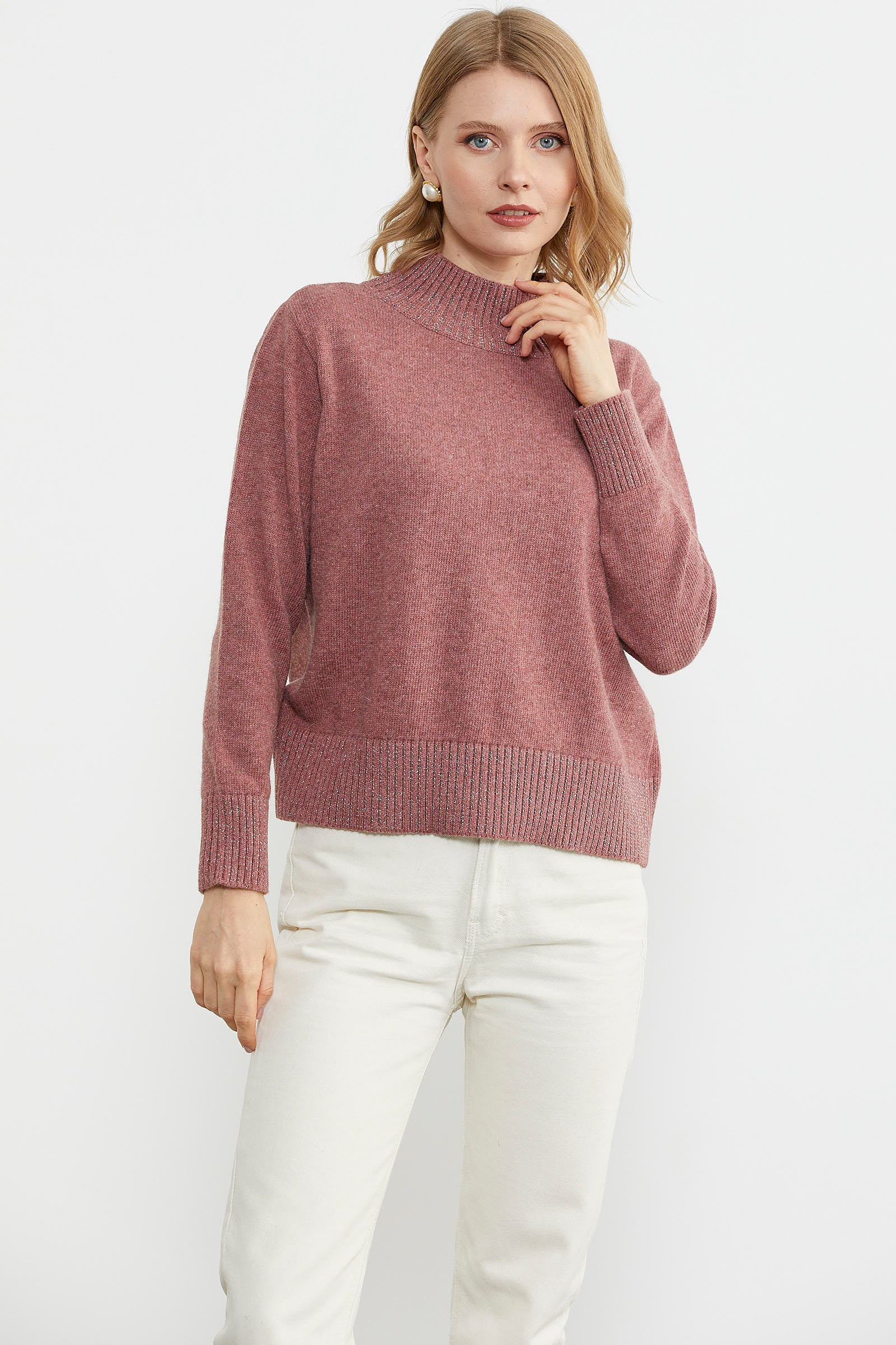 Yarım Balıkçı Sim Detaylı Triko Kazak - Gül (3) Sementa