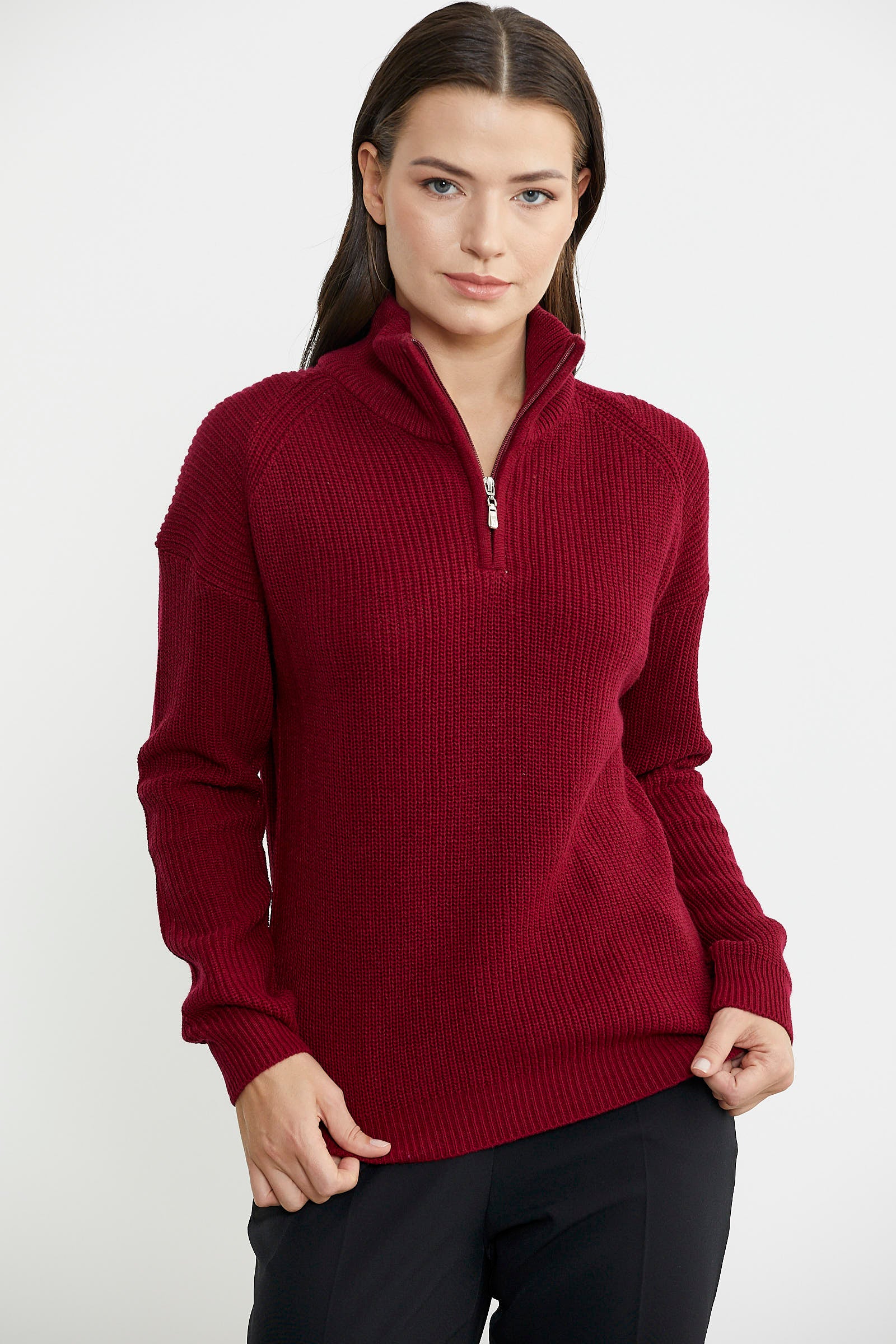 Yarım Balıkçı Yaka  Fermuarlı Yün Triko Kazak - Bordo - Sementa